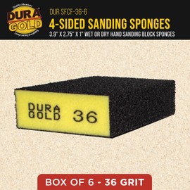 Dura-Gold 36 Grit 4-Sided Hand Sanding Block Sponges, Box of 6 - Performance Flex 3.9" x 2.75" x 1" Wet or Dry Flexible Sandpaper Abrasive Brick Pads, Reusable - Sand Wood, Drywall, Metal, Auto Paint