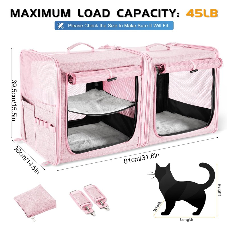 Suertree Large Cat Carrier for 2 Cats with Zipper Locks,