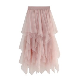 Irregular Tulle Tutu Skirt for Women Casual Shiny Star Sequins Elastic Mesh Princess Skirt for Streetwear, A-pink