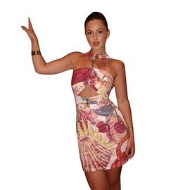 Xzpuz Women's Printed Metal Buckle Hollow Out Dress Sexy Hip Hugging Strapless Dress Red