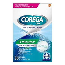 Corega Tabletas Limpiadoras 3 Minutos, Limpiador de Prótesis Dentales, 30 Tabletas Efervescentes                                                      