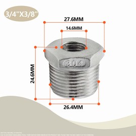 Bwintech 3 Pieces 3/4 Inch Male Thread to 3/8 Inch BSP Female Thread Stainless Steel Hex Reducer for Pipe Connection Conversion