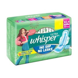 Whisper Ultra Clean - almohadillas para orejas sanitarias para mujer, XL+ 30 servilletas