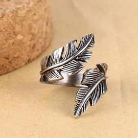 OIDIMS Vintage Feather Wrap Ring for Men Women Stainless Steel Biker Band Punk Gothic Statement Oxidized Rings Comfort Fit Mid Knuckle Finger Fashion Jewelry for Boyfriend Dad (10)