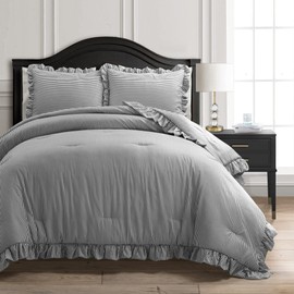 Lush Decor Reyna Stripe Ruffle Soft Reversible Oversized 3 Piece Comforter Set, Full/Queen, Gray & White