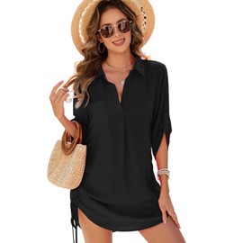 Urchics Swimsuit Coverup for Women 2025 Drawstring V Neck Bikini Swimwear Beach Cover Up Beach Shirt Dress Black XL