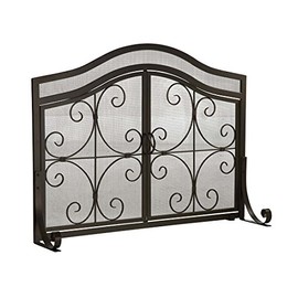Plow & Hearth Small Crest Fireplace Screen with Doors, Solid Wrought Iron Frame with Metal Mesh, Decorative Scroll Design, Free Standing Spark Guard, 38 W x 31 H x 13 D, Black Finishâ¦