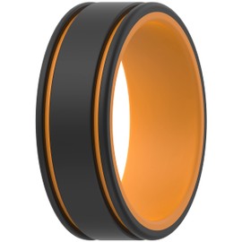 ThunderFit Men Silicone Wedding Rings 2 Layers, Rubber Engagement Bands 8mm Wide 2mm Thick - 1/4/7 Variety Multipack (Black-Orange - Size 6.5-7 (17.35mm))