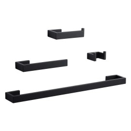 4 Pieces Square Wall Mount Bath Hardware Set with Towel Bar,Towel Rack,Toilet Paper Holder and Hooks in BlackColor: Black