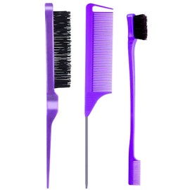 Sleek Bun Brush for Sleek Braid, Pack of 3 Edges Brush, Teasing Brush, Hair Brush, Bristle Comb, Baby Hair Brush, Toupee Brush, Baby Hair, Suitable for Hairdresser, Lady, Baby, Child (Purple)