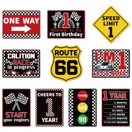 KOTLMIGHT Fast One Birthday Decorations for Boys, 10PCS 1st Race Car Wall Signs Funny Tags for 1 Year Old Party Decor Table Centerpieces Door Wall Windows Signs Picture Props for Boys