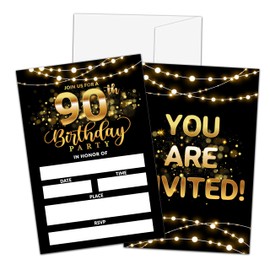 Qinkel 90th Birthday Invitations, Birthday Party Invitations For Women Men, 90 Year Old Birthday Invites, Black Gold Birthday Party Decorations Favors, 20 Invitations with 20 Envelopes - C01