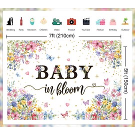 Baby in Bloom Backdrop Spring Floral Gold Glitter Butterfly Wildflower Baby Shower Party Photography Background Girls Baby Shower Newborn Birthday Party Decorations Background (7X5FT (210x150cm))