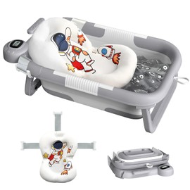 Collapsible Baby Bathtub for Newborn to Toddler (0-24 Months), Portable Baby Bath Tub for Travel, Newborn Bathtub with Soft and Supportive Cushion (Astronaut-Gray)