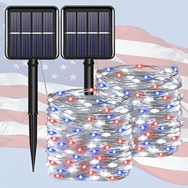 4th of July Patriotic Decorations for Home Outdoor Lights-Red White Blue Solar String Lights,2Pack Each 100LED 33ft Memorial Day Lights,IP67 Waterproof 8 Modes Fairy Lights for Garden,Patio Yard