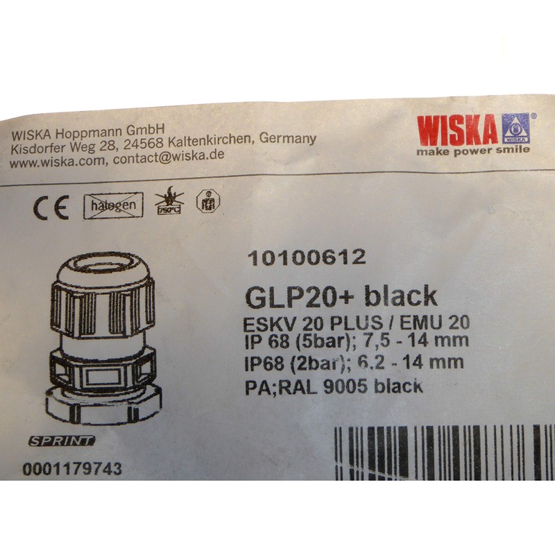 Wiska Sprint 20mm IP68 Compression Glands for Cables 7, Black