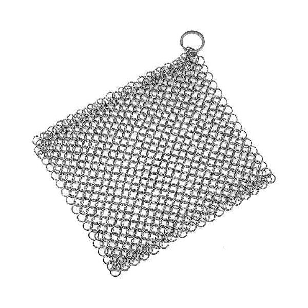 TOPULORS Stainless Steel Cast Iron Skillet Cleaner Chainmail Cleaning Scrubber with Hanging Ring for Cast Iron Pan,Pre-Seasoned Pan,Griddle Pans, BBQ Grills and More Pot Cookware-Square 7x7 Inch
