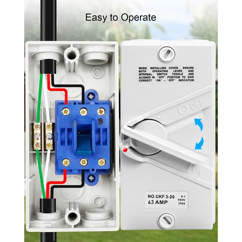 3 Pole Enclosed Motor Disconnect Switch 63A 440V, 3 Phase