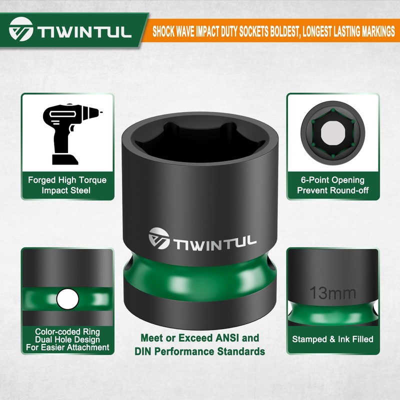TIWINTUL 1/2" Drive Shallow Impact Socket Set, 8-24mm, Metric, CR-MO,