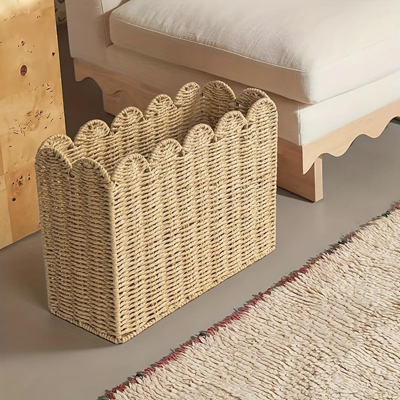 Paper Rope Magazine Holder with Scalloped Edge – Handwoven Floor