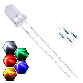 EDGELEC 100pcs 5mm 5 Colors x 20pcs Assorted Colors Lights LED Diodes Clear Round Lens 29mm Long Lead +200pcs Resistors (for DC 6-12V) Included,Bulb Lamps Light Emitting Diode