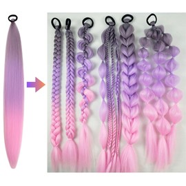 Purple Pink Braiding Hair Extension for Braids Synthetic Braid Ponytail Extensions with Elastic Tie Fashion Festival Rave Hair Accessories(Pack of 2)