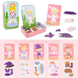 ASTARON Magnetic Educational Game for Girl, Kids Travel Activities Educational Toys with 26 Magnetic Puzzles Tin Box, Fridge Magnets for Kids, Promotes Imagination and Concentration