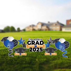 VictoryStore 2025 Graduation Party Yard Signs with Stakes, Congratulation Grad Lawn Sign Set of 11 Pieces, American Made Waterproof Plastic Outdoor Graduation Decorations (Blue)