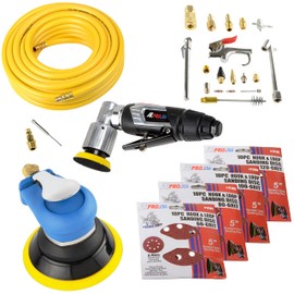 ATE Pro. USA Orbital Sander, 50' PVC Air Hose, 5" Pneumatic Palm Sander, 2" Air Angle Sander w/Velcro Backing Pad, Air Accessory Kit, Sanding Disc 60 80 100 120 Grit, High Speed Air Tools, Heavy Duty
