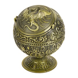 Dragon Ashtray with Lid - Antique Bronze Zinc Alloy Windproof Ashtray, 3D Embossed Gothic Dragon Decor, Cone Incense Burner for Man Cave, Fantasy, Medieval Room