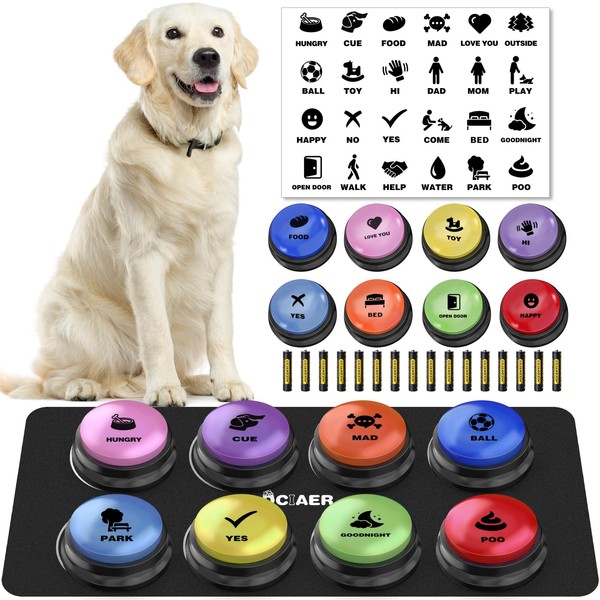 DCIAER Dog Buttons for Communication, 8 PCS Dog Talking Button Set,30s Recordable Voice Pet Buzzer Training Buttons，with Training Manual Book+16 AAA Batteries + 24 Scene Modes + 1 Dog Button Mat