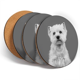 Destination Vinyl ltd Great Coasters (Set of 4) Round - BW - Cute West Highland Terrier Dog Westie Drink Glossy Coasters/Tabletop Protection for Any Table Type #43758