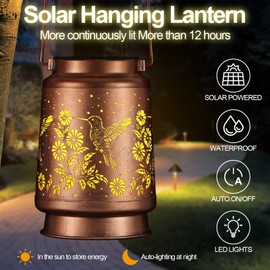 Solar Lantern Outdoor Hanging Waterproof Outside Metal Openwork Pattern Birthday Mothers Day Gifts for Mom Women Landscape Lights for Porch Garden Yard Patio Pathway Decor(Great Hummingbird)