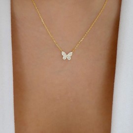 Inateannal Crystal Butterfly Choker Necklace Rhinestone Butterfly Pendant Necklace Gold CZ Butterfly Chain Necklace Minimalist Butterfly Necklace Jewellery for Women and Girls, Zinc, No Gemstone