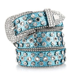 Goth Rhinestone Belt Women PU Leather Strap Rhinestone Belt Cowgirl Y2K Girls Fashion Belt for Jeans Men - Blue