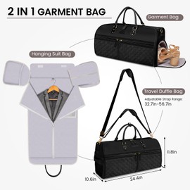 Convertible Garment Duffle Bags for Travel, Carry On Garment Bag with Shoe Compartment, 2 In 1 Travel Suit Bag with Shoulder Strap for Men Women, Waterproof Weekender Bag for Business Trip,Black
