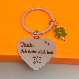 WOO MANTO Aunt Keyring with Heart Shape and Clover Pendant, Stainless Steel, Ich habe dich lieb, Engraved, silver