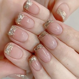 24Pcs Square Press On Short French Tips Silver Glitter Acrylic Nails Glue on Nails Nude Full Cover Stick on Nails 3D Gold Glitter Chrome French Nail Tips False Nails Acrylic Stick on Nails for Women