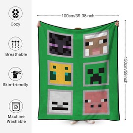 YCVBCY Minecr Children's Blanket, Cute Cartoon Theme Children's Blanket for Boys Girls Games on Cartoon Theme, Decorative Blanket, Printed Soft Plush Blanket, 100 x 150 cm