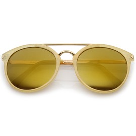 zeroUV Modern Double Bridge Colored Mirror Lens Round Aviator Sunglasses 57mm (Nude-Gold/Gold Mirror)