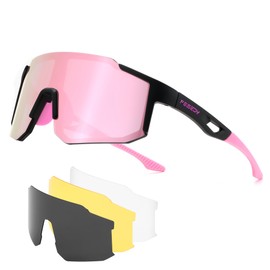 FEISEDY Polarized Sports Sunglasses with 4 Interchangeable Lenses, Cycling Running Mirrored Goggles Mens Women UV400 B0279