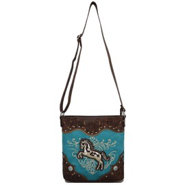 Western Style Horse Purse Embroidered Floral Rhinestone Studs Crossbody Handbags Cowgirl Country Women Single Shoulder Bag (Turquoise)