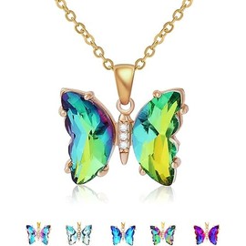 BONJOULRY Butterfly Crystal Necklace for Women: 14K Gold Stainless Steel Butterfies Birthston Pendant Choker Necklaces Aesthetic Valentines Day Christmas Birthday Gifts for Her (Green)