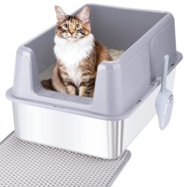 Generic Extra Large Cat Litter Box Stainless Steel Litter Box XL Pan with Scoop & Mat