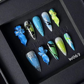 Waterdrop Press On Nails Handmade Long Stiletto Fake Nails with Blue Flower Design Ombre Green Silver False Nails Press ons Reusable Full Cover Summer Handmade Nails for Women Size M