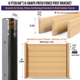 Hulave 2-Pack 6FT U-Shaped Metal Fence Posts (H: 68″), No-Dig Hard Surface Mount for Privacy Fences, Garden, AC Units, Pool Equipment, and Trash Can Enclosures-Matte Black