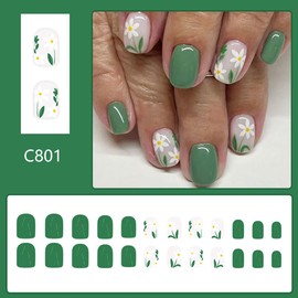 24 Pcs Spring Press on Nails Short Square Fake Nails Light Green CEWEWP Fake Nails Acrylic Nails Cute Small Flower Stick on Nails Full Cover Spring Summer Glue on Nails for Women Artificial Nails