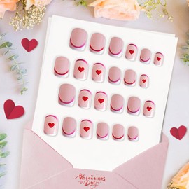 TENPAL Valentine Pink French Tip Press on Nails Short Square,Full Cover Sweet Hearts Striped Design Fake Nails with Tools,Cute Heart Reusable False Nails for Daily Wear,Simple Edgy Acrylic Nails 24pcs