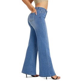 QICAMO High Waisted Wide Leg Flared Jeans for Women, Stretchy Loose Bell Bottom Jean with 8-Pocket Blue