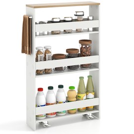 Byroce Slim Storage Rolling Cart, 4-Tier Side Out Shelving Unit with Handle, Mobile Organizer Utility Cart on Wheels for Laundry, Bathroom, Office, Kitchen, Narrow Places (White & Natural)